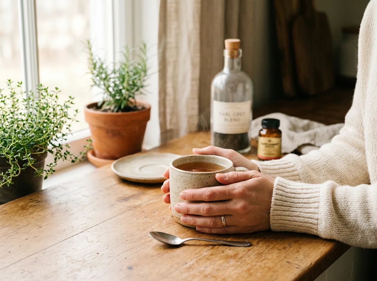 Ochtend welzijnsroutine, thee en supplement, dagelijkse gewoonte gehoor